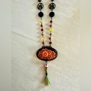 Vintage Bohemian Style wood and floral necklace